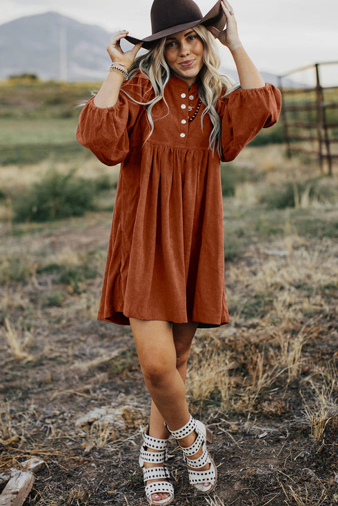 Textured Corduroy Button Front Balloon Sleeve Babydoll Mini Dress
