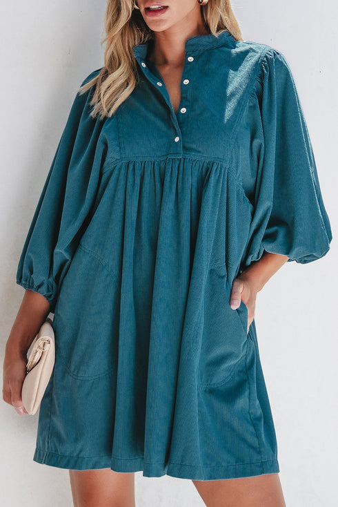 Textured Corduroy Button Front Balloon Sleeve Babydoll Mini Dress