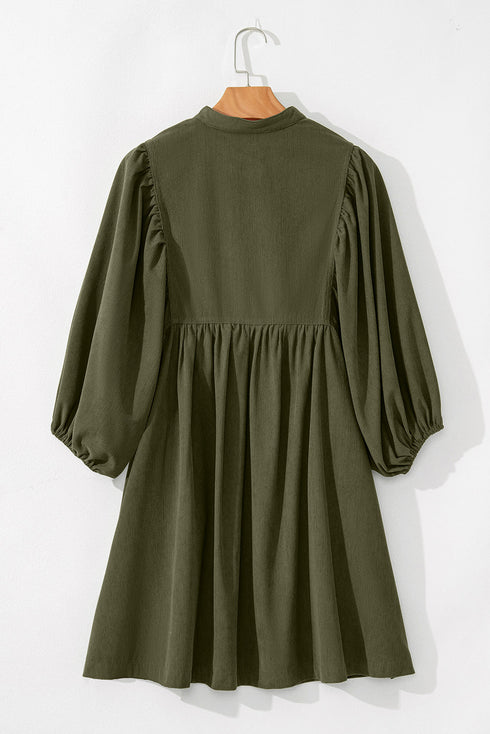 Textured Corduroy Button Front Balloon Sleeve Babydoll Mini Dress