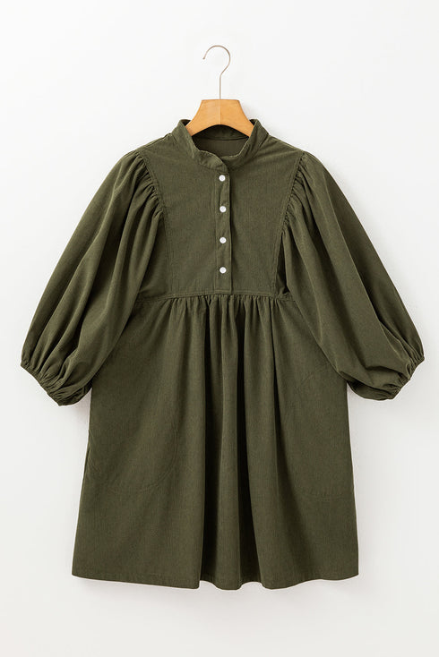 Textured Corduroy Button Front Balloon Sleeve Babydoll Mini Dress