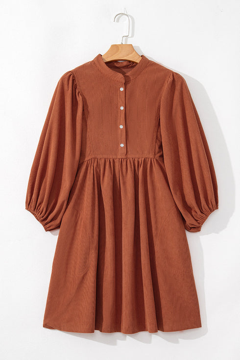 Textured Corduroy Button Front Balloon Sleeve Babydoll Mini Dress