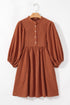 Textured Corduroy Button Front Balloon Sleeve Babydoll Mini Dress