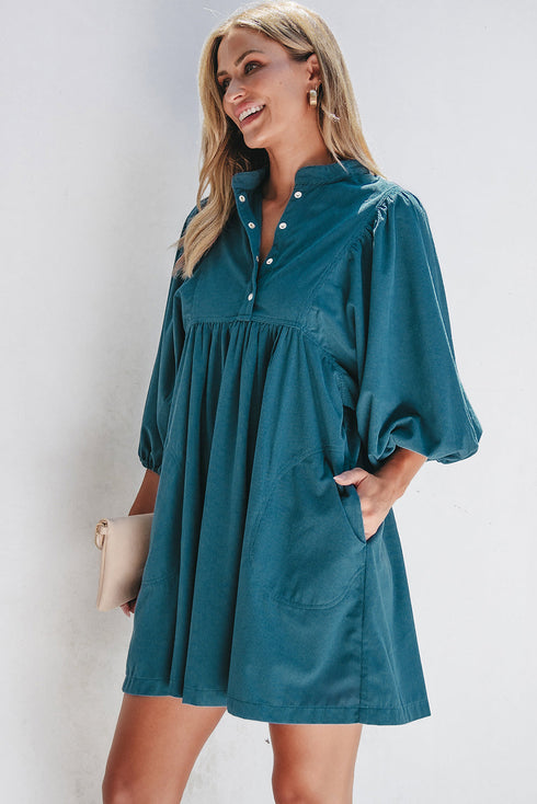 Textured Corduroy Button Front Balloon Sleeve Babydoll Mini Dress