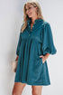 Textured Corduroy Button Front Balloon Sleeve Babydoll Mini Dress