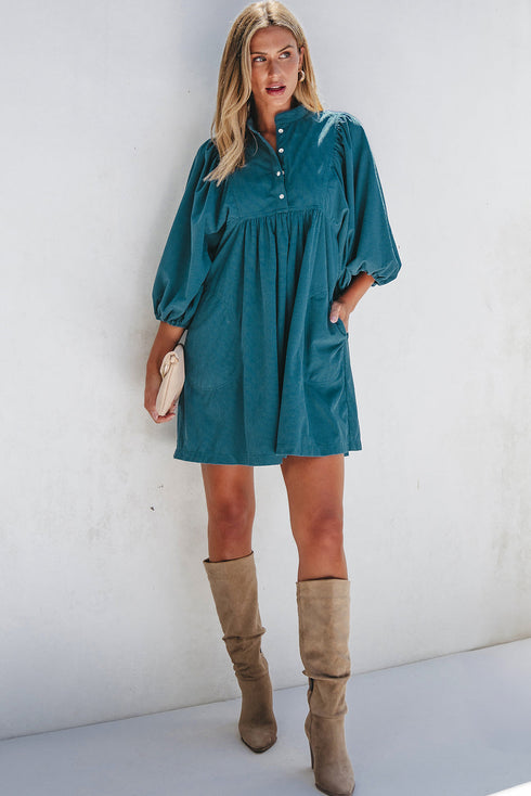 Textured Corduroy Button Front Balloon Sleeve Babydoll Mini Dress