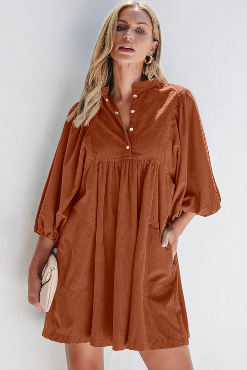 Textured Corduroy Button Front Balloon Sleeve Babydoll Mini Dress