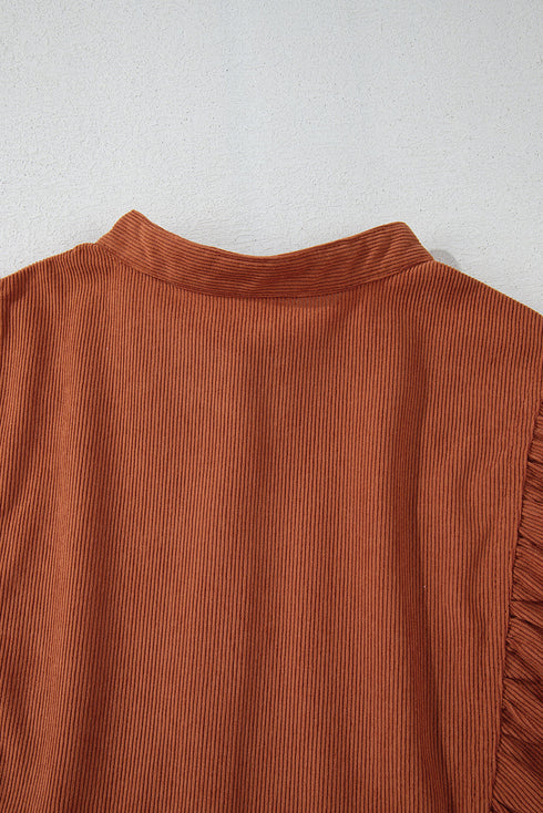 Textured Corduroy Button Front Balloon Sleeve Babydoll Mini Dress