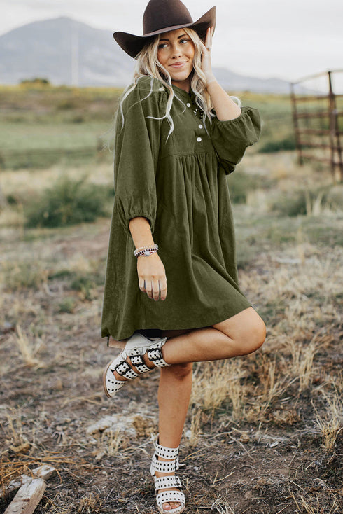 Textured Corduroy Button Front Balloon Sleeve Babydoll Mini Dress