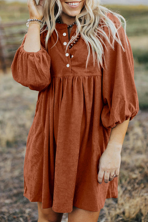Textured Corduroy Button Front Balloon Sleeve Babydoll Mini Dress