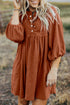 Textured Corduroy Button Front Balloon Sleeve Babydoll Mini Dress