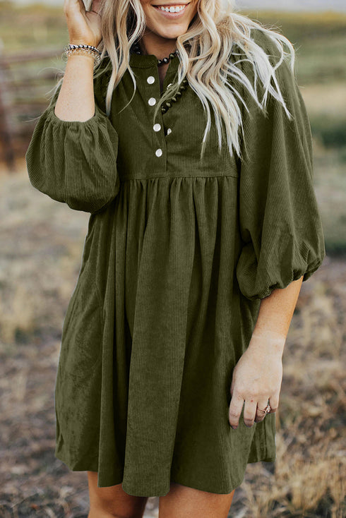 Textured Corduroy Button Front Balloon Sleeve Babydoll Mini Dress