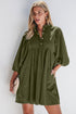 Textured Corduroy Button Front Balloon Sleeve Babydoll Mini Dress