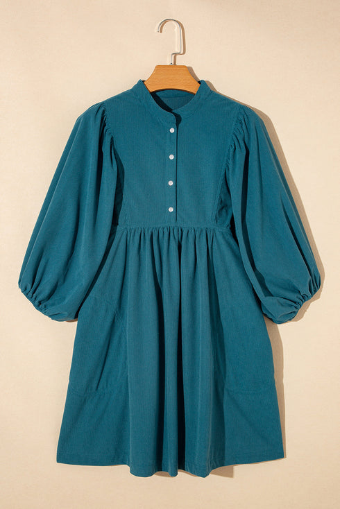 Textured Corduroy Button Front Balloon Sleeve Babydoll Mini Dress