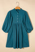 Textured Corduroy Button Front Balloon Sleeve Babydoll Mini Dress