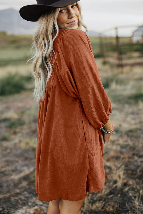 Textured Corduroy Button Front Balloon Sleeve Babydoll Mini Dress