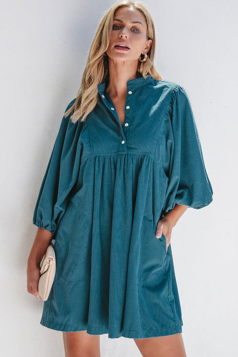Textured Corduroy Button Front Balloon Sleeve Babydoll Mini Dress
