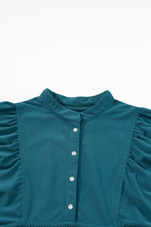 Textured Corduroy Button Front Balloon Sleeve Babydoll Mini Dress