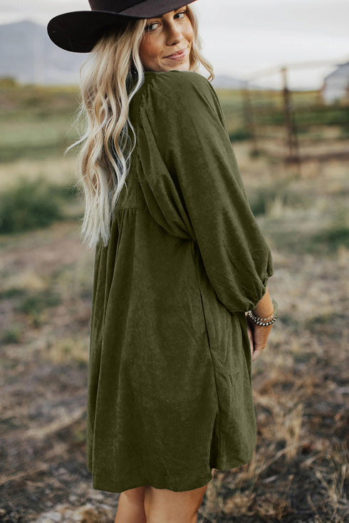 Textured Corduroy Button Front Balloon Sleeve Babydoll Mini Dress