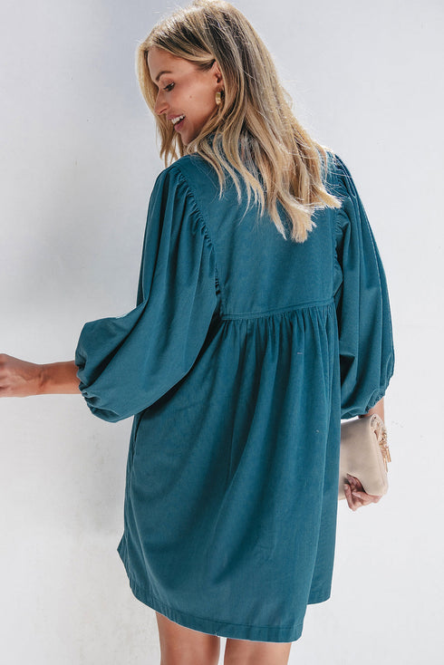 Textured Corduroy Button Front Balloon Sleeve Babydoll Mini Dress