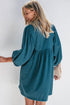 Textured Corduroy Button Front Balloon Sleeve Babydoll Mini Dress