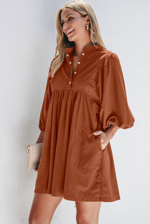 Textured Corduroy Button Front Balloon Sleeve Babydoll Mini Dress