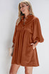 Textured Corduroy Button Front Balloon Sleeve Babydoll Mini Dress