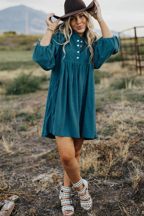 Textured Corduroy Button Front Balloon Sleeve Babydoll Mini Dress
