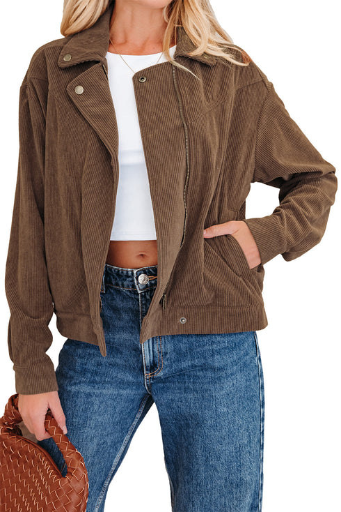 Textured Corduroy Button Zip Up Lapel Collar Jacket