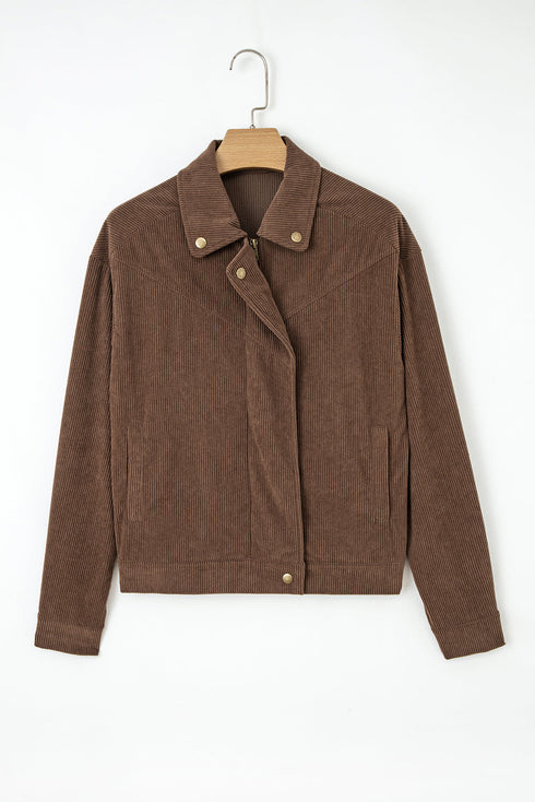 Textured Corduroy Button Zip Up Lapel Collar Jacket