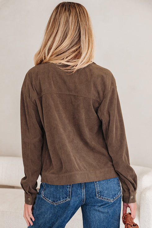 Textured Corduroy Button Zip Up Lapel Collar Jacket