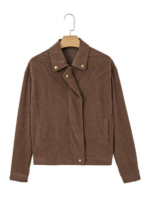Textured Corduroy Button Zip Up Lapel Collar Jacket