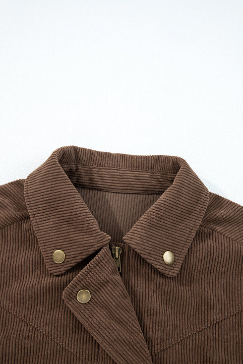 Textured Corduroy Button Zip Up Lapel Collar Jacket