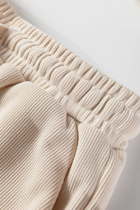Textured Corduroy Drop Shoulder Pullover Drawstring Waist Short Sets