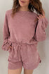 Textured Corduroy Drop Shoulder Pullover Drawstring Waist Short Sets