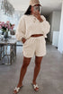 Textured Corduroy Drop Shoulder Pullover Drawstring Waist Short Sets