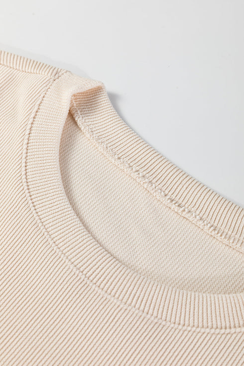 Textured Corduroy Drop Shoulder Pullover Drawstring Waist Short Sets