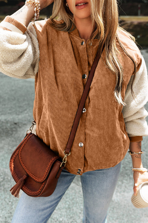 Textured Corduroy Fleece Patchwork Buttoned Bomber Jacket