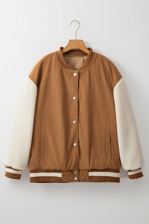 Textured Corduroy Fleece Patchwork Buttoned Bomber Jacket
