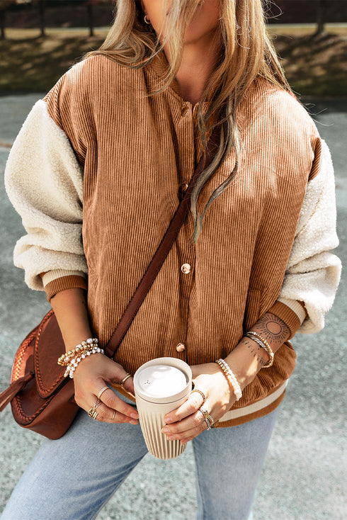 Textured Corduroy Fleece Patchwork Buttoned Bomber Jacket
