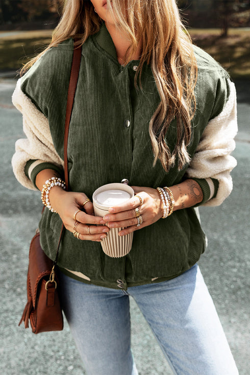 Textured Corduroy Fleece Patchwork Buttoned Bomber Jacket