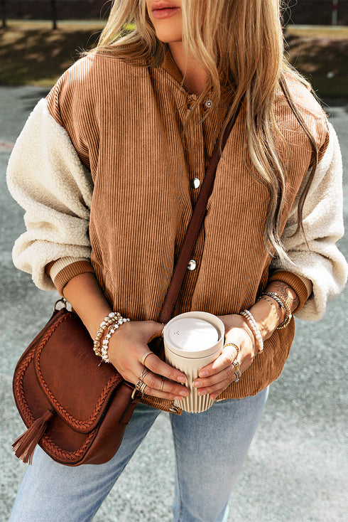 Textured Corduroy Fleece Patchwork Buttoned Bomber Jacket