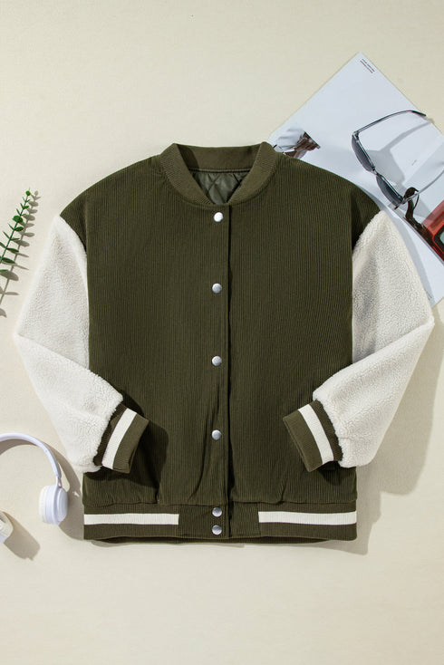 Textured Corduroy Fleece Patchwork Buttoned Bomber Jacket