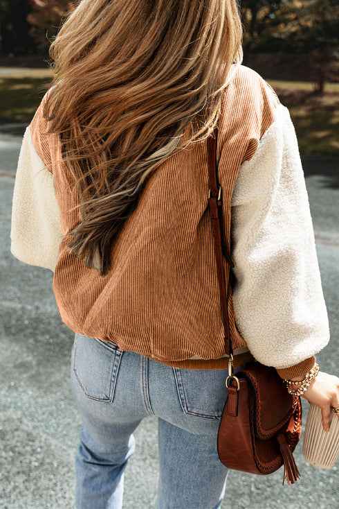 Textured Corduroy Fleece Patchwork Buttoned Bomber Jacket