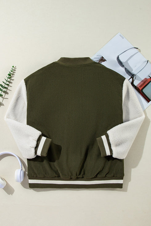 Textured Corduroy Fleece Patchwork Buttoned Bomber Jacket