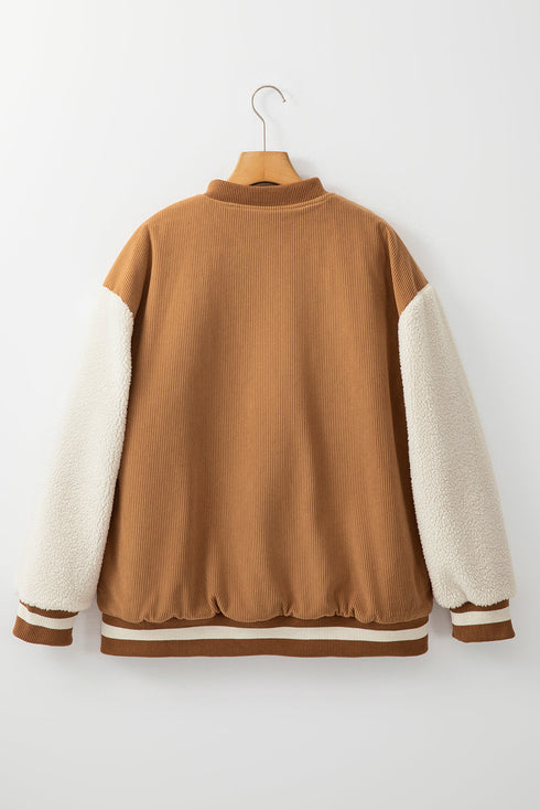Textured Corduroy Fleece Patchwork Buttoned Bomber Jacket