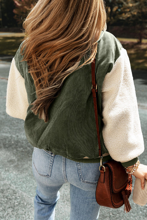 Textured Corduroy Fleece Patchwork Buttoned Bomber Jacket