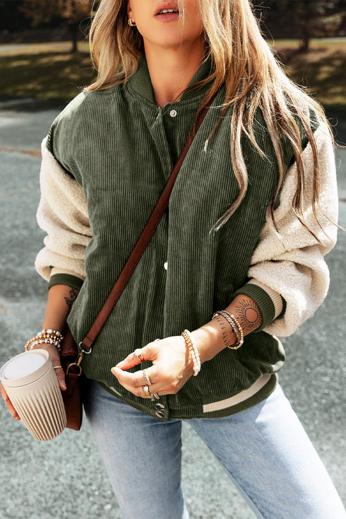 Textured Corduroy Fleece Patchwork Buttoned Bomber Jacket