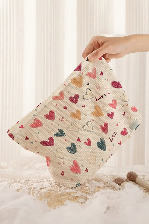 Textured Corduroy Heart Print Cosmetic Pouch