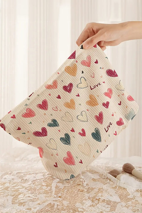 Textured Corduroy Heart Print Cosmetic Pouch