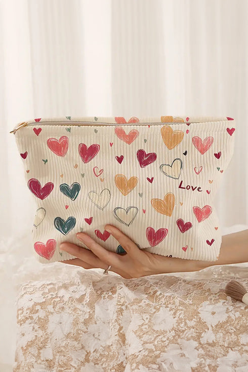 Textured Corduroy Heart Print Cosmetic Pouch